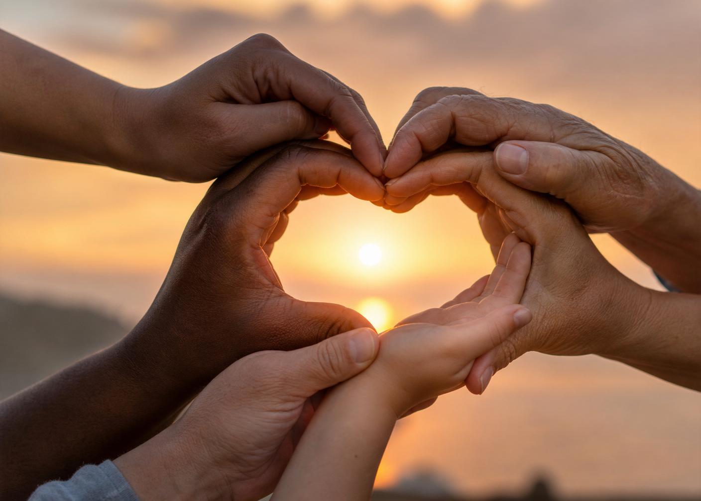 Diverse hands of different generations forming a heart around a setting sun — unity, compassion, and human potential